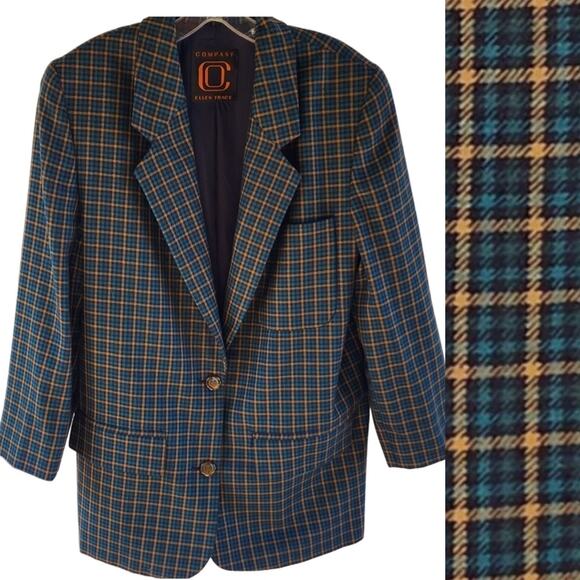 Ellen Tracy VTG Wool Blazer Jacket 6 Navy Chartreuse Micro Tartan Plaid Classic - Picture 3 of 10